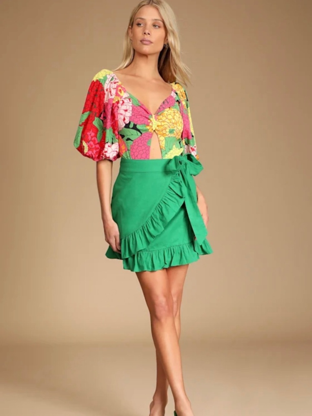 Lulus “Freshly Bloomed Green Multi Floral Print Puff Sleeve Bodysuit”